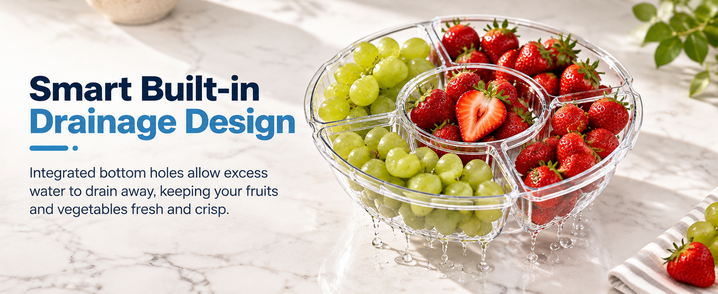 HASTHIP Clear Plastic Divided Serving Tray Set, 2 Pieces with Five Compartments and Drainage Holes