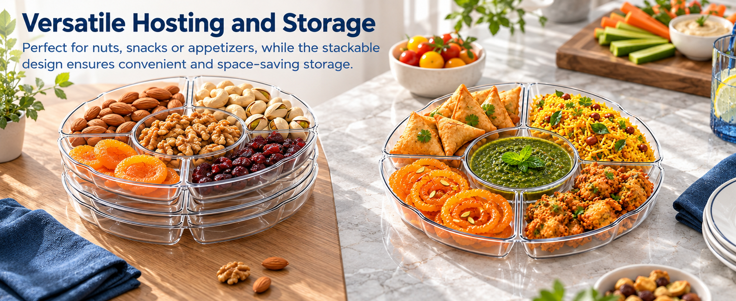 HASTHIP Clear Plastic Divided Serving Tray Set, 2 Pieces with Five Compartments and Drainage Holes