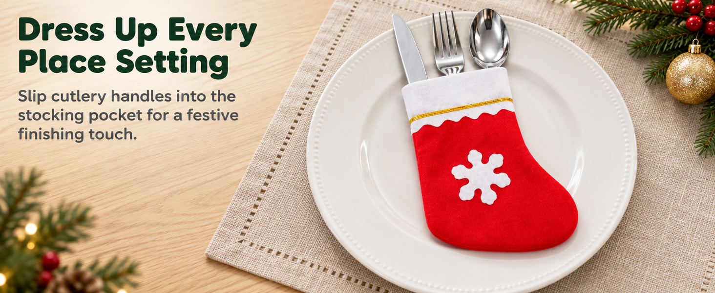 HASTHIP 12-Piece Mini Christmas Stocking Cutlery Holders with Hanging Loops and Four Festive Designs