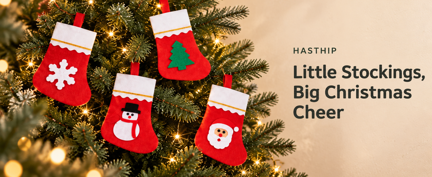 HASTHIP 12-Piece Mini Christmas Stocking Cutlery Holders with Hanging Loops and Four Festive Designs