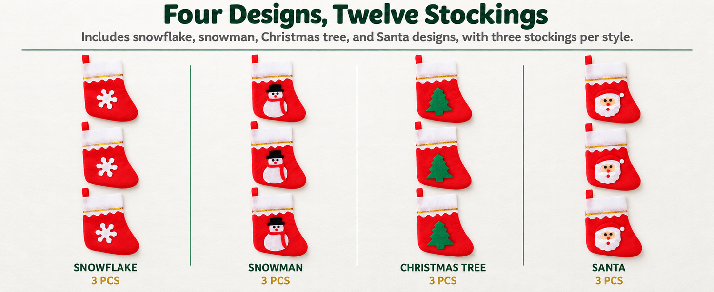 HASTHIP 12-Piece Mini Christmas Stocking Cutlery Holders with Hanging Loops and Four Festive Designs