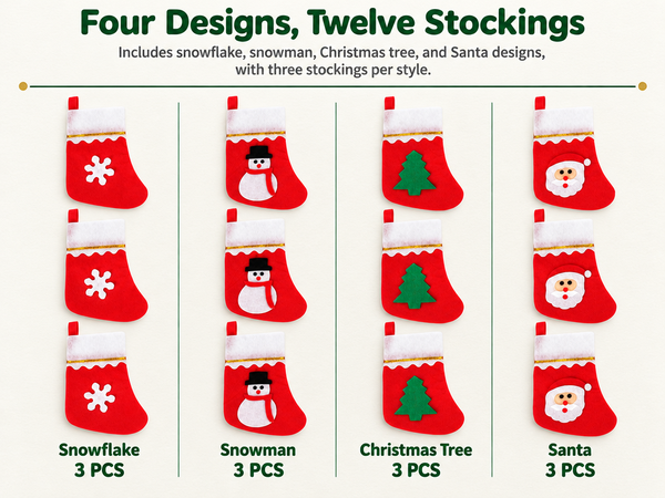 HASTHIP 12-Piece Mini Christmas Stocking Cutlery Holders with Hanging Loops and Four Festive Designs
