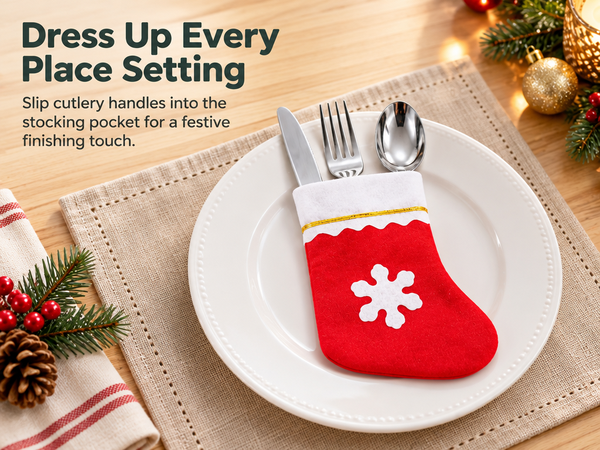 HASTHIP 12-Piece Mini Christmas Stocking Cutlery Holders with Hanging Loops and Four Festive Designs