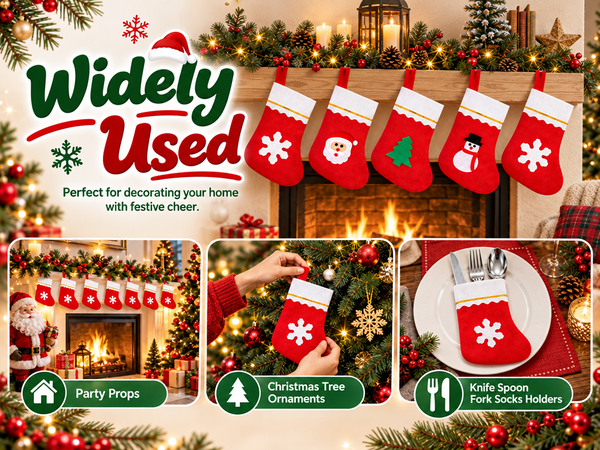HASTHIP 12-Piece Mini Christmas Stocking Cutlery Holders with Hanging Loops and Four Festive Designs