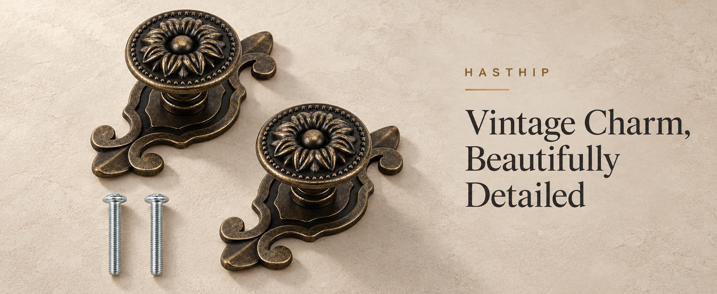 HASTHIP 2-Piece Mushroom Cabinet Knobs in Zinc Alloy with Antique Brass Backplates