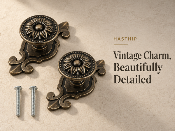 HASTHIP 2-Piece Mushroom Cabinet Knobs in Zinc Alloy with Antique Brass Backplates