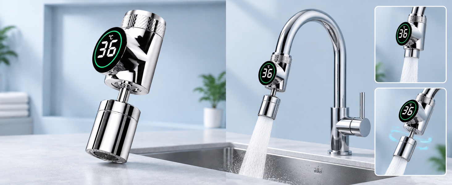 HASTHIP Smart Digital Display Faucet Extender with Two Spray Modes and Stainless Steel Construction