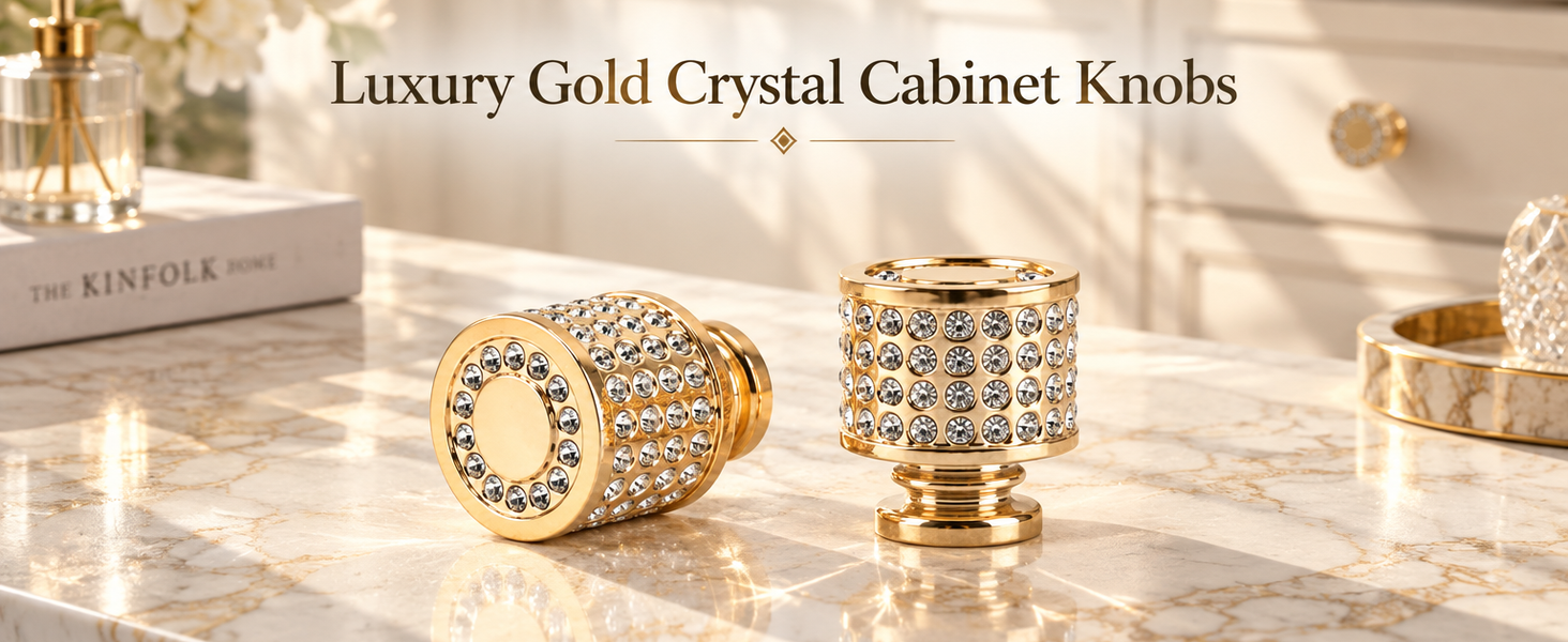 HASTHIP 2 Pcs Gold Crystal Cabinet Knobs, Round Rhinestone Drawer Handle Electroplated ABS