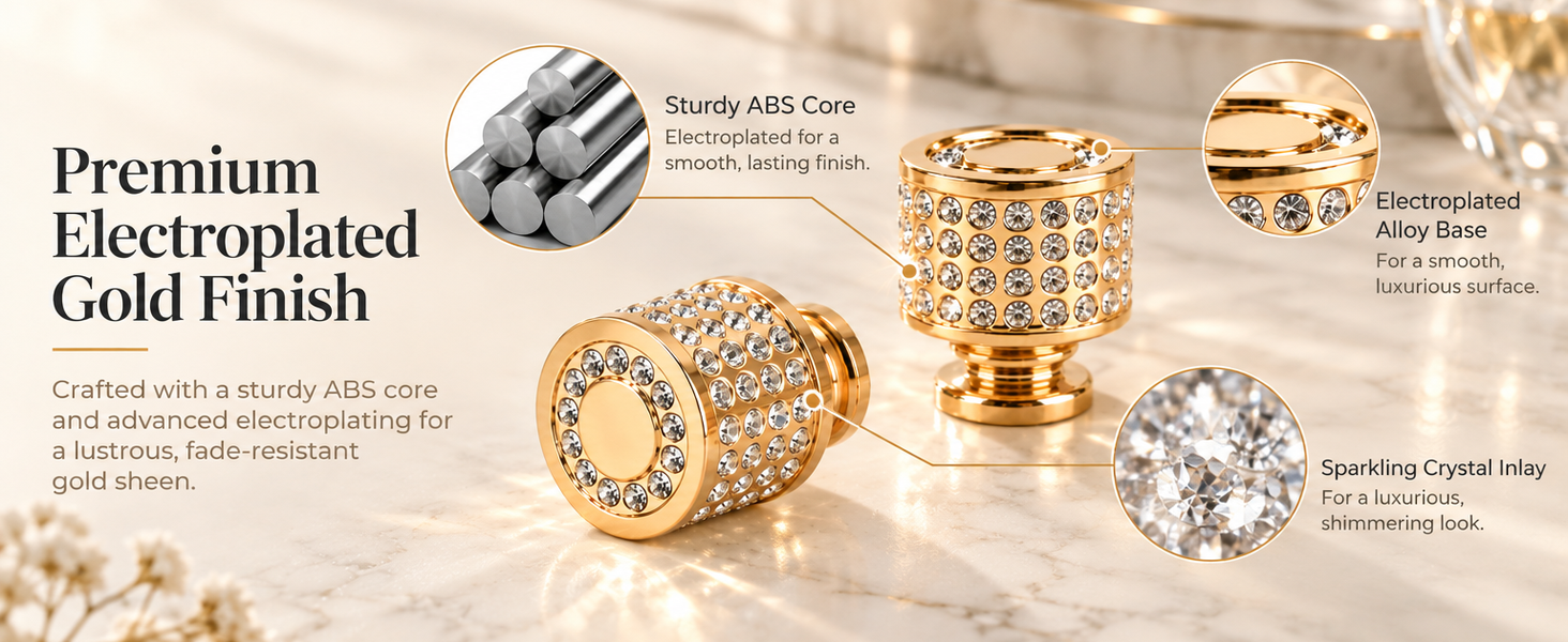 HASTHIP 2 Pcs Gold Crystal Cabinet Knobs, Round Rhinestone Drawer Handle Electroplated ABS