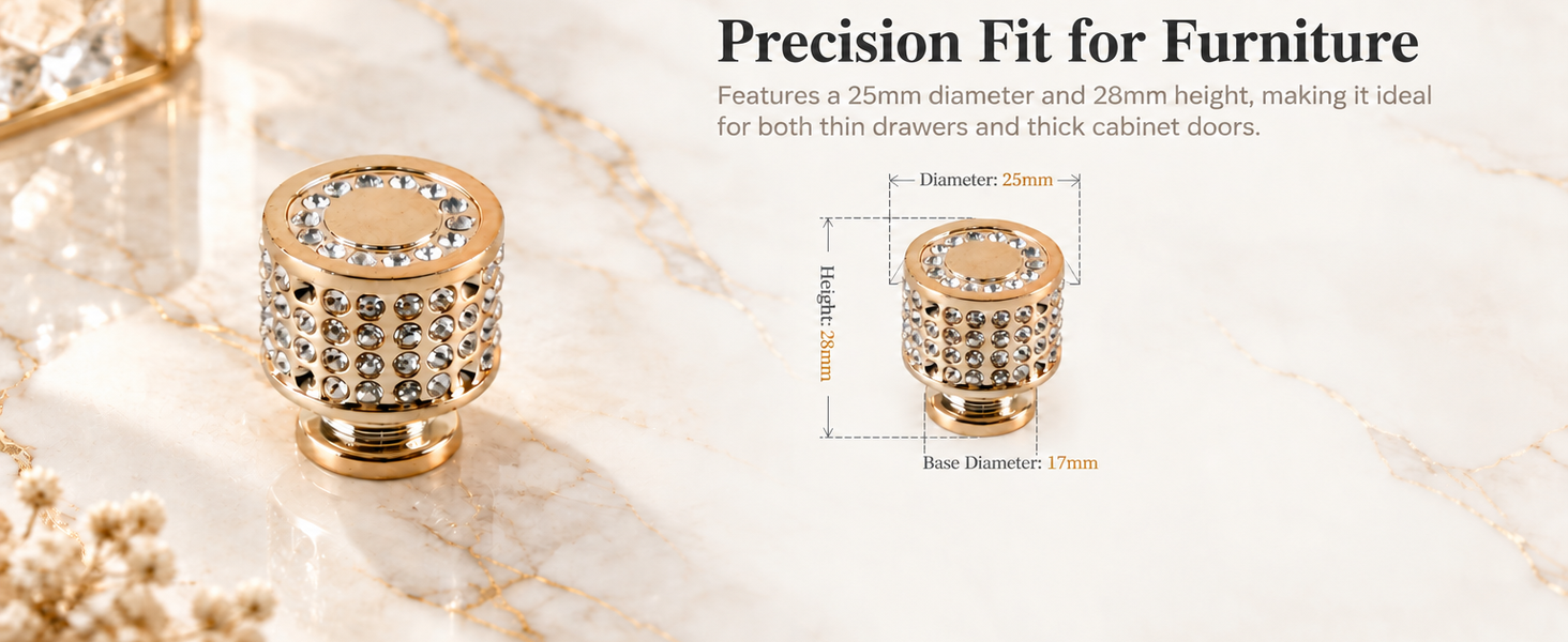 HASTHIP 2 Pcs Gold Crystal Cabinet Knobs, Round Rhinestone Drawer Handle Electroplated ABS