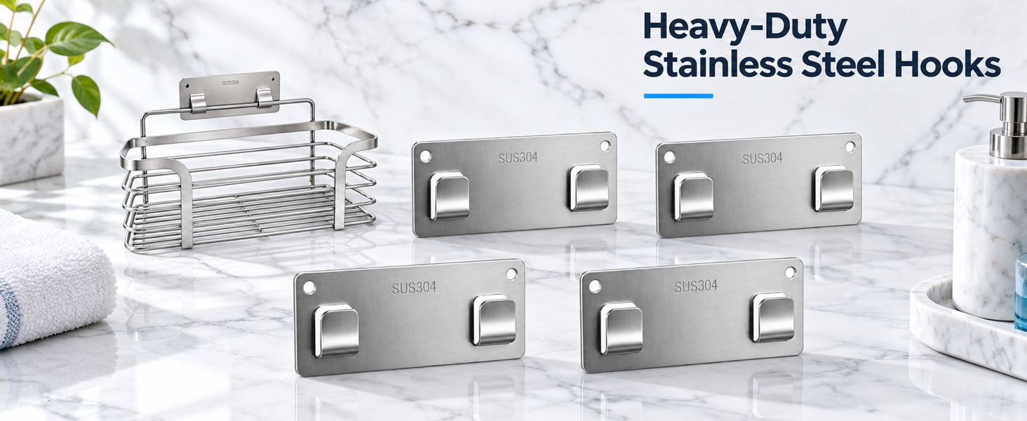 HASTHIP 304 Stainless Steel Adhesive Wall Hooks, 13cm No-Drill Design, 4-Pack, 25kg Each