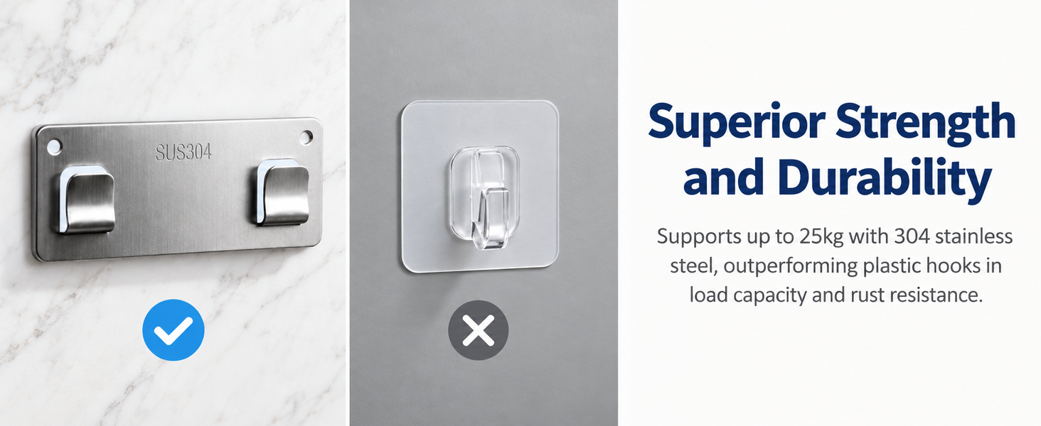 HASTHIP 304 Stainless Steel Adhesive Wall Hooks, 13cm No-Drill Design, 4-Pack, 25kg Each