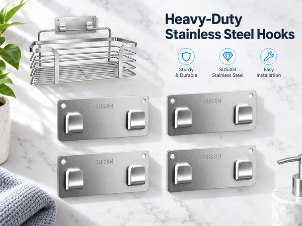 HASTHIP 304 Stainless Steel Adhesive Wall Hooks, 13cm No-Drill Design, 4-Pack, 25kg Each