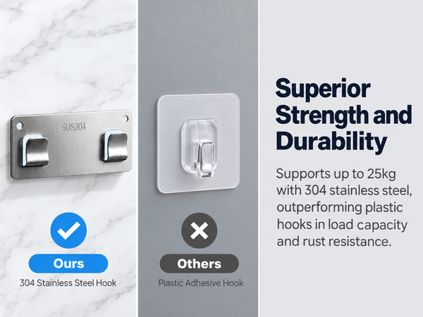 HASTHIP 304 Stainless Steel Adhesive Wall Hooks, 13cm No-Drill Design, 4-Pack, 25kg Each