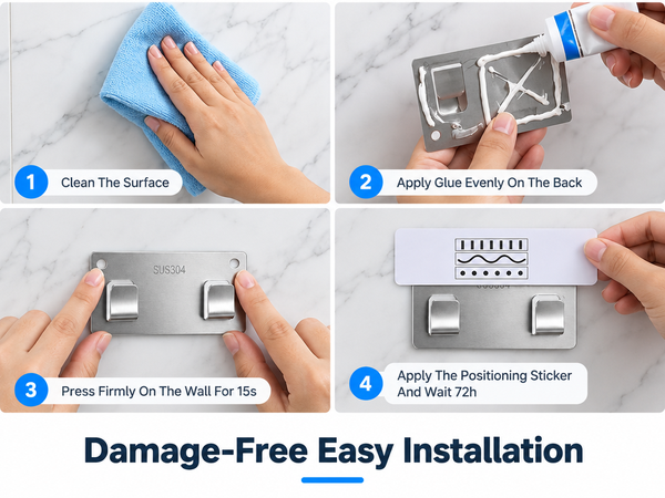 HASTHIP 304 Stainless Steel Adhesive Wall Hooks, 13cm No-Drill Design, 4-Pack, 25kg Each