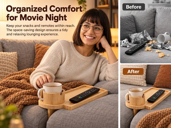 HASTHIP Acacia Wood Couch Tray with 360° Rotating Cup Holder and Sofa-Gap Support Leg