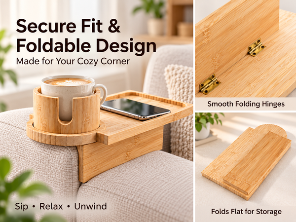 HASTHIP Acacia Wood Couch Tray with 360° Rotating Cup Holder and Sofa-Gap Support Leg