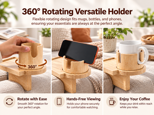 HASTHIP Acacia Wood Couch Tray with 360° Rotating Cup Holder and Sofa-Gap Support Leg