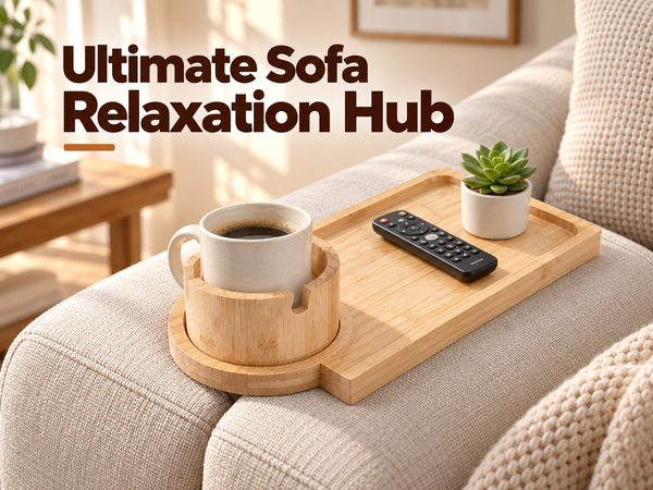 HASTHIP Acacia Wood Couch Tray with 360° Rotating Cup Holder and Sofa-Gap Support Leg
