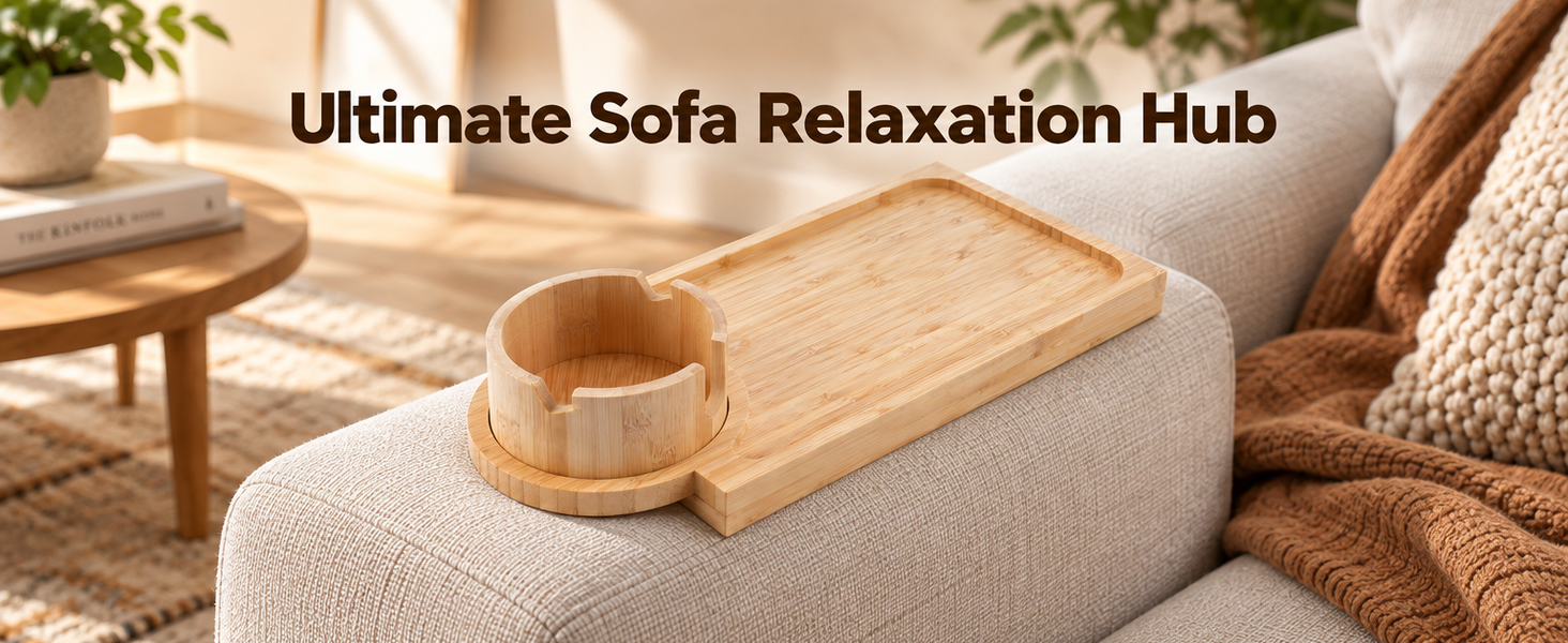 HASTHIP Acacia Wood Couch Tray with 360° Rotating Cup Holder and Sofa-Gap Support Leg