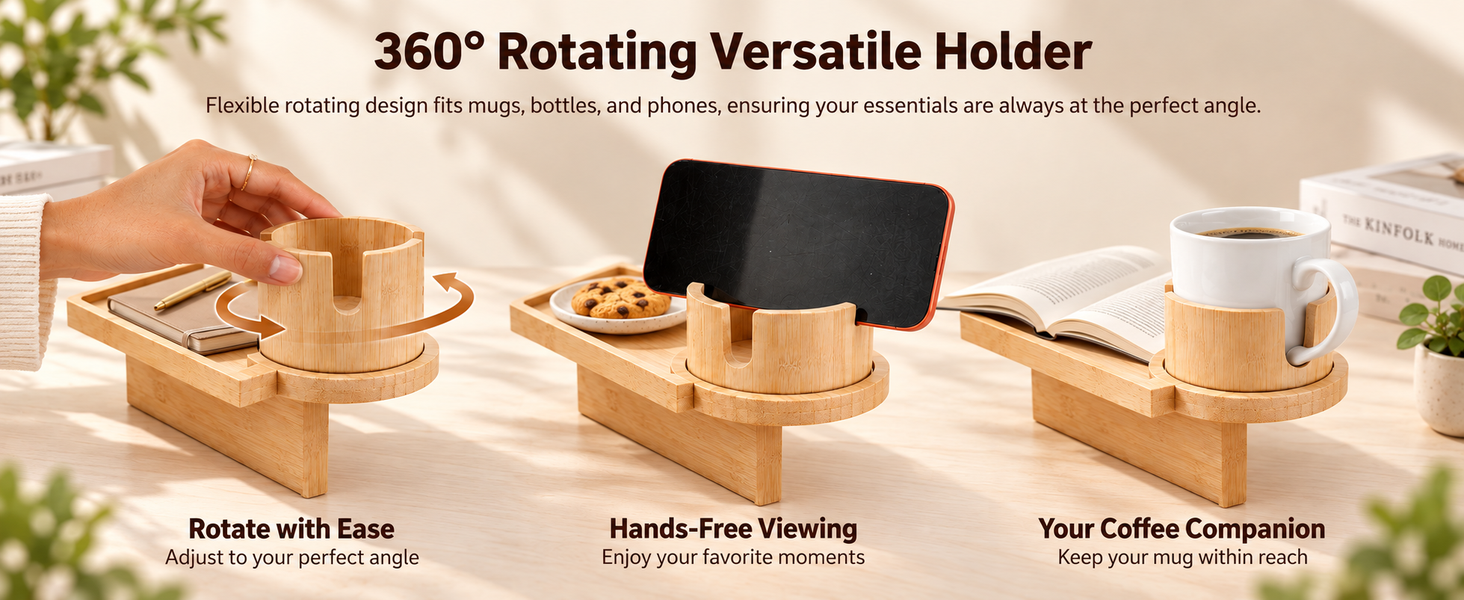 HASTHIP Acacia Wood Couch Tray with 360° Rotating Cup Holder and Sofa-Gap Support Leg