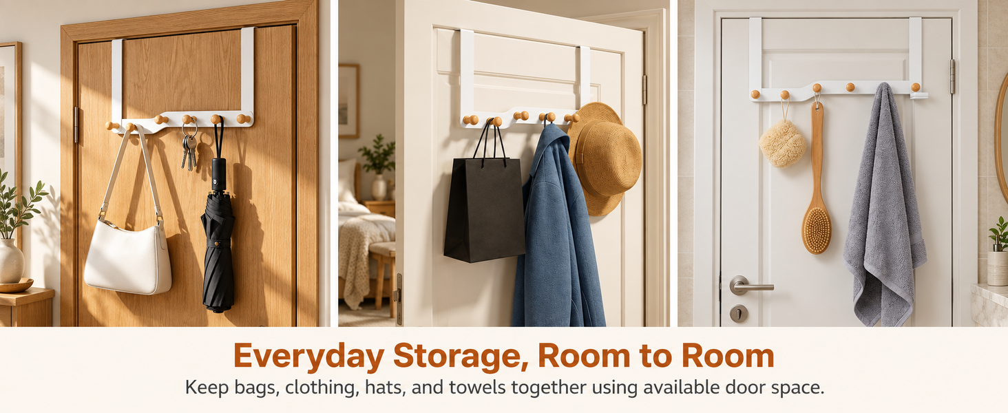 HASTHIP Over-the-Door Hook Rack with Six Non-Slip Wooden Hooks and No-Drill Hanging
