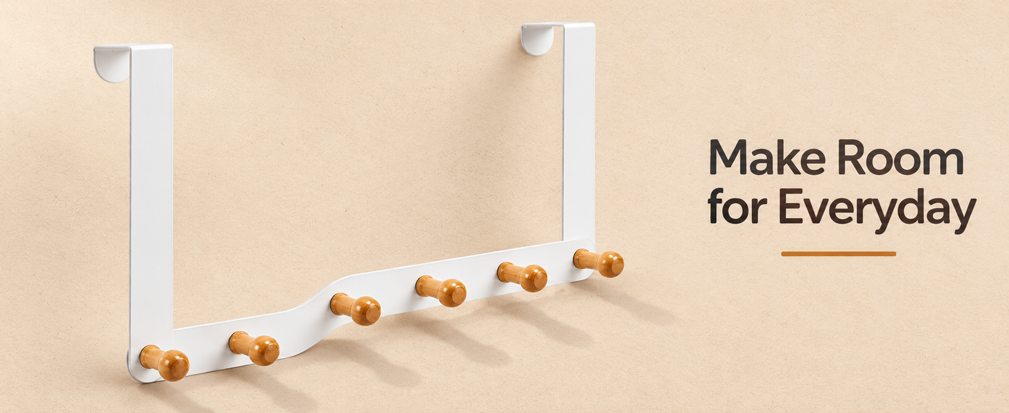 HASTHIP Over-the-Door Hook Rack with Six Non-Slip Wooden Hooks and No-Drill Hanging
