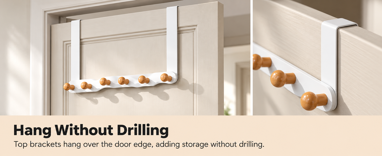 HASTHIP Over-the-Door Hook Rack with Six Non-Slip Wooden Hooks and No-Drill Hanging