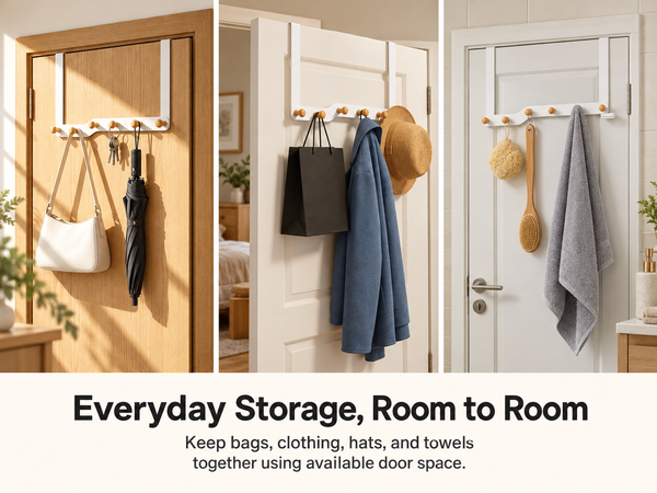 HASTHIP Over-the-Door Hook Rack with Six Non-Slip Wooden Hooks and No-Drill Hanging