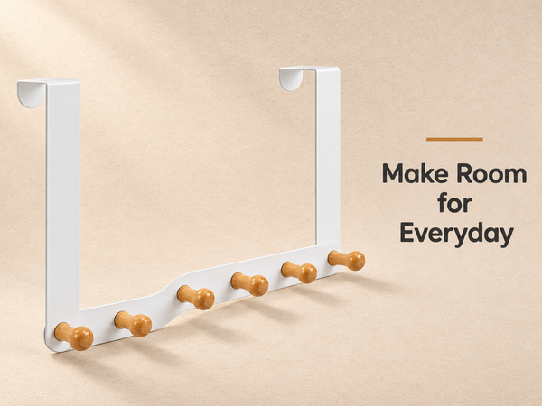 HASTHIP Over-the-Door Hook Rack with Six Non-Slip Wooden Hooks and No-Drill Hanging
