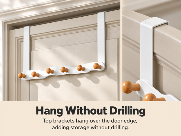 HASTHIP Over-the-Door Hook Rack with Six Non-Slip Wooden Hooks and No-Drill Hanging