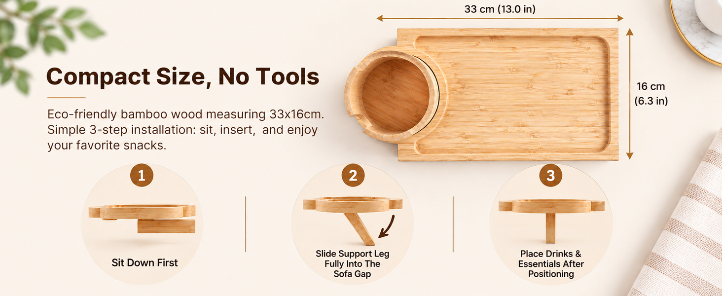 HASTHIP Acacia Wood Couch Tray with 360° Rotating Cup Holder and Sofa-Gap Support Leg