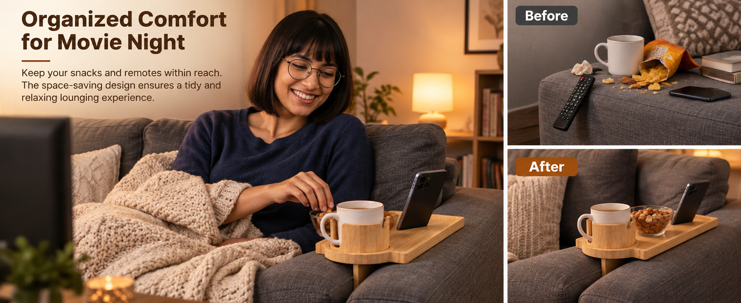 HASTHIP Acacia Wood Couch Tray with 360° Rotating Cup Holder and Sofa-Gap Support Leg