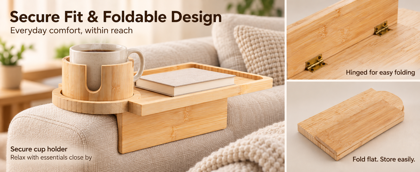 HASTHIP Acacia Wood Couch Tray with 360° Rotating Cup Holder and Sofa-Gap Support Leg