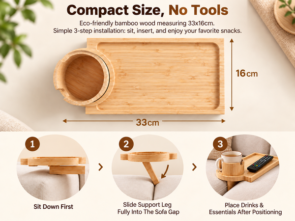 HASTHIP Acacia Wood Couch Tray with 360° Rotating Cup Holder and Sofa-Gap Support Leg
